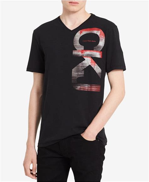 Calvin Klein Jeans Mens Vertical Ckj V Neck Graphic Print T Shirt