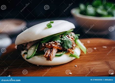 Bao Bun Filled With Juicy And Tender Pork Belly Topped With Sesame Seeds And Scallions Stock