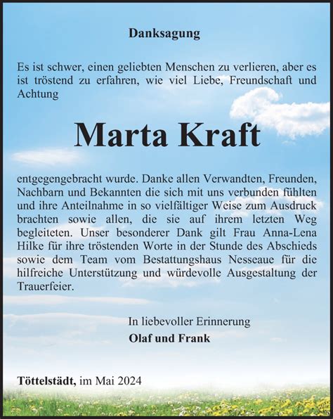 Traueranzeigen Von Marta Kraft Trauer In Thueringen De