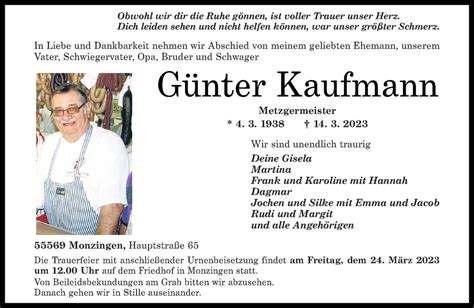 Traueranzeigen Von G Nter Kaufmann Rz Trauer De