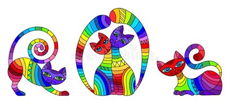 Stained Glass Set With Elements With Rainbow Cats Isolated Images On White Background Stock