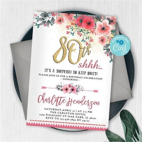 80th Birthday Invitation Editable 80th Birthday Invitation Women