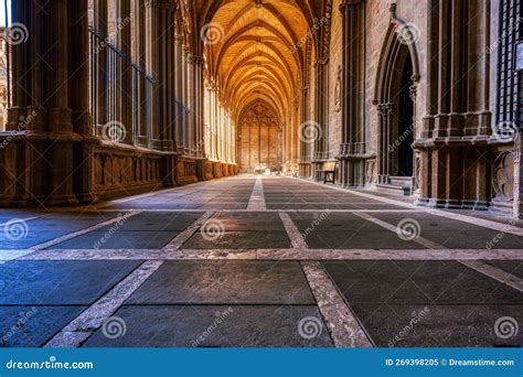 Ornate Gothic Cloister Arcade Arches Of The Catholic Cathedral