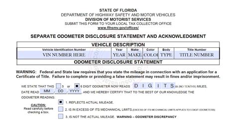 Florida Odometer Disclosure Statement FL 2025 Form