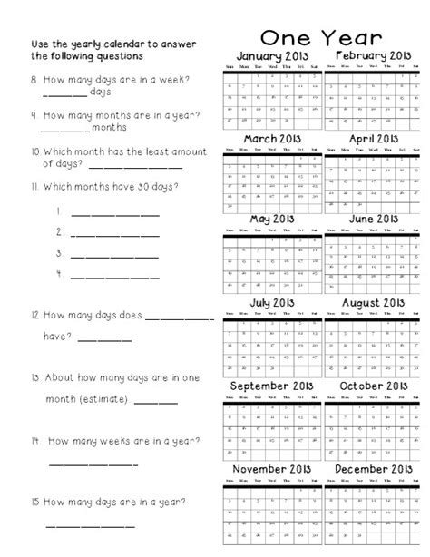 2nd Grade Printable Calendar Worksheets