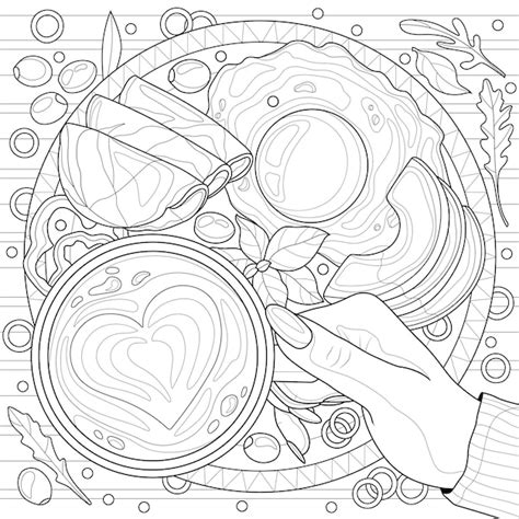 아보카도와 햄을 곁들인 커피 한 잔과 계란 아침식사 어린이와 성인을 위한 색칠 공부 안티 스트레스 프리미엄 벡터