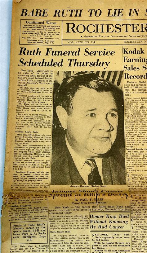 Lot - 1948 Rochester Times Union Babe Ruth Death Notice Newspaper
