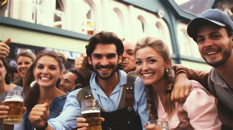 Premium AI Image | PEOPLE CELEBRATING OKTOBERFEST WITH BEER DRINKING