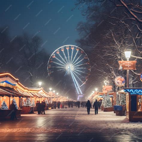 Premium Ai Image Snowy Christmas Market With A Ferris Wheel