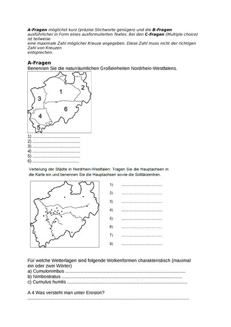 Geographie Altklausuren A Fragen M Glichst Kurz Pr Zise Stichworte