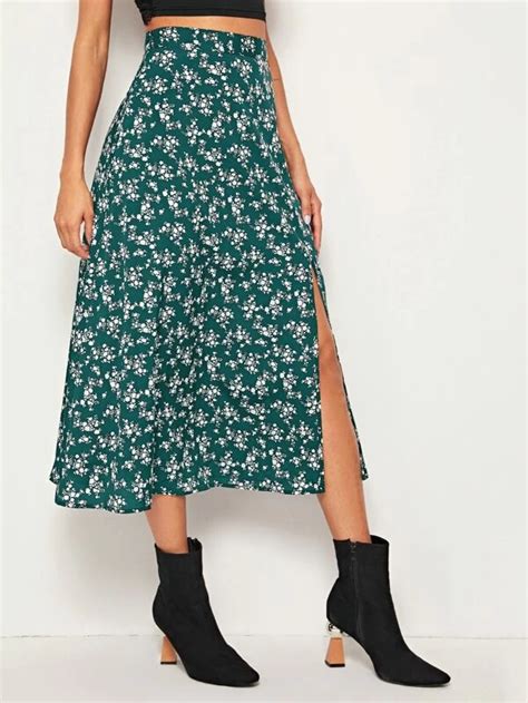 Shein Ditsy Floral Print Wide Waistband Split Thigh Skirt Green