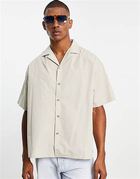 Asos Design Boxy Oversized Short Sleeve Shirt In Stone Asos