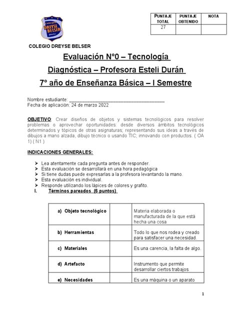 Evaluación N°0 Tecnología Diagnóstica Profesora Esteli Durán 7° Año De Enseñanza Básica I