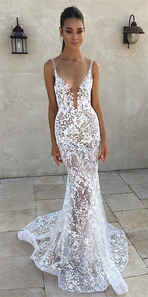 Trumpet Wedding Dresses Plunging Neckline With Spaghetti Straps Lace