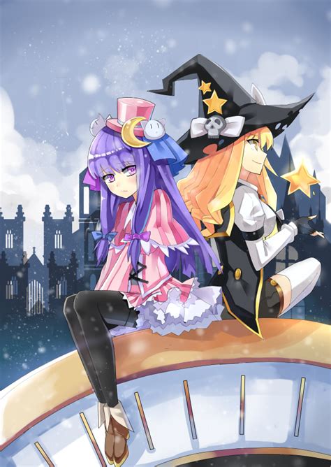 Safebooru 2girls Black Hat Black Legwear Blonde Hair Blue Bow Blush Bow Brown Eyes Closed