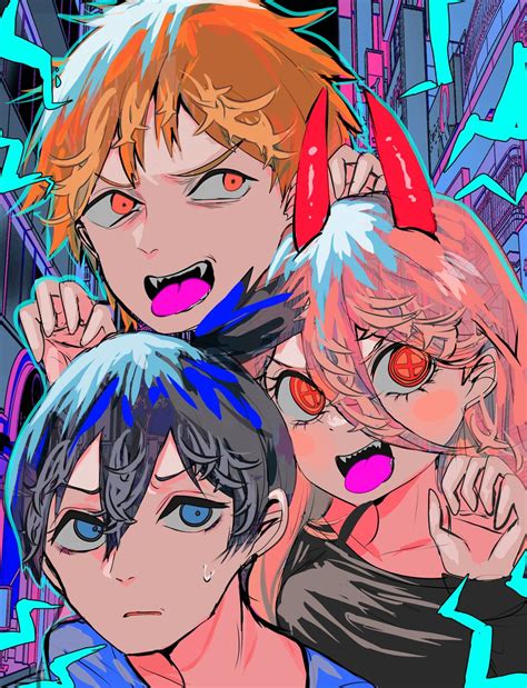 Denji Chainsaw Man Hayakawa Aki Power Chainsaw Man 1girl Multiple Boys 2boys Horns Tongue