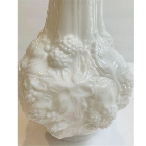 Imperial Glass Milk Glass Vase Loganberry Embossed Berries Leaves Crimped Rim