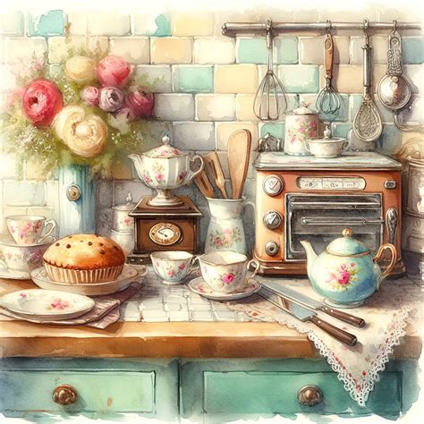 Solve Akwarela Shabby Chic Przytulna Stara Kuchnia Jigsaw Puzzle