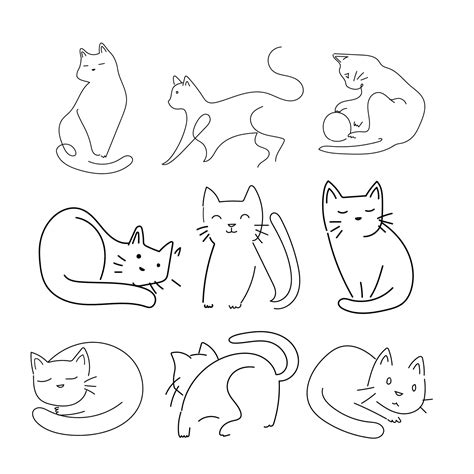 Minimalist Cats Set Doodles In Abstract Hand Drawn Style Black And