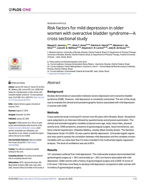 Pdf Risk Factors For Mild Depression In Older Women With Overactive