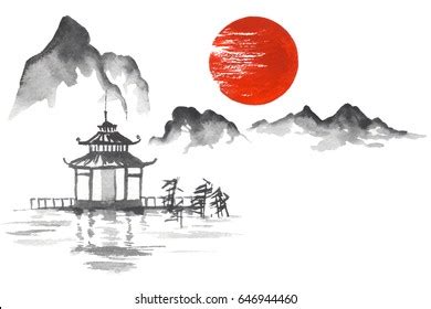 Japan Traditional Japanese Painting Sumie Art Stock Illustration