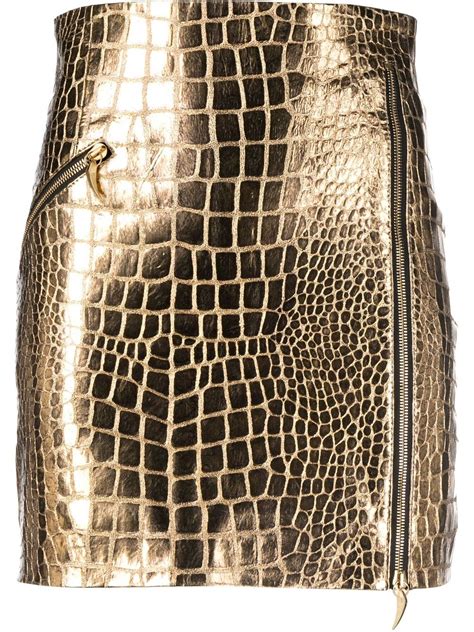 Roberto Cavalli Crocodile Effect Metallic Miniskirt In Gold Modesens