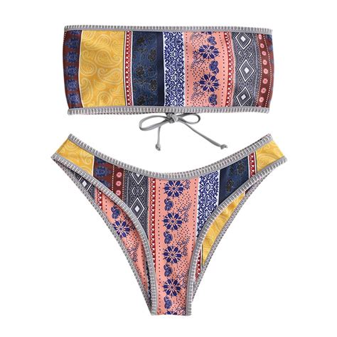 ZAFUL Women Strapless Ribbed High Cut Bandeau Bikini Set Multi Aa Large