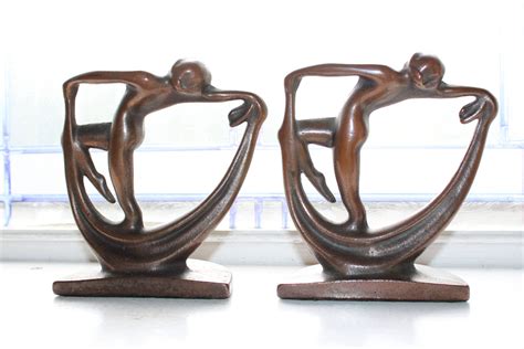 Art Deco Bronze Bookends Nude Women Scarf Dance Vintage 1920s