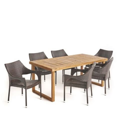 Noble House Lecanto 7 Piece Outdoor Acacia Wood Dining Set In Sandblast