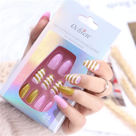 New Colorful 24pcs Nail Piece Salon Coffin Ballet False Nail Back Glue Waterproof Press On