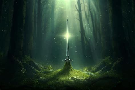 Premium AI Image Excalibur Sword In The Stone With Light Rays In A Dark