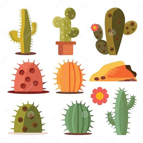 Cactus Set Of Decorative Green Desert Plants Desert Cacti Spiked Flowersvector Flat Cartoon