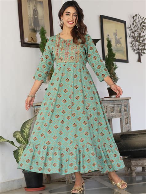 Buy Kalini Floral Printed Round Neck Mirror Work A Line Maxi Ethnic