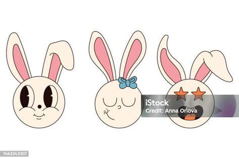 Groovy Hippie Happy Easter Characters Set Of Easter Bunnies In Trendy Retro 60s 70s Cartoon