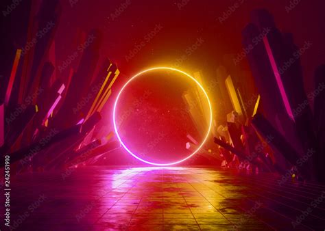 3d render, abstract background, cosmic landscape, round portal frame ...