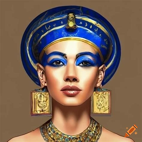 A Regal Portrait Of Queen Hatshepsut Adorned In Gold And Blue