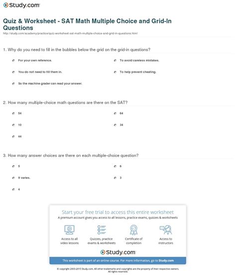 Quiz And Worksheet Sat Math Multiple Choice Questions Study Free