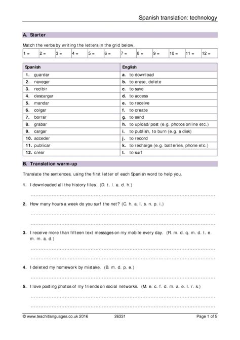 Translation Worksheet Teachnology Ks4 Spanish Teaching Resource