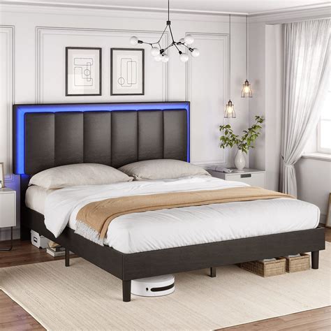 Full Size Modern Upholstered Platform Bed Frame with Adjustable LED ...