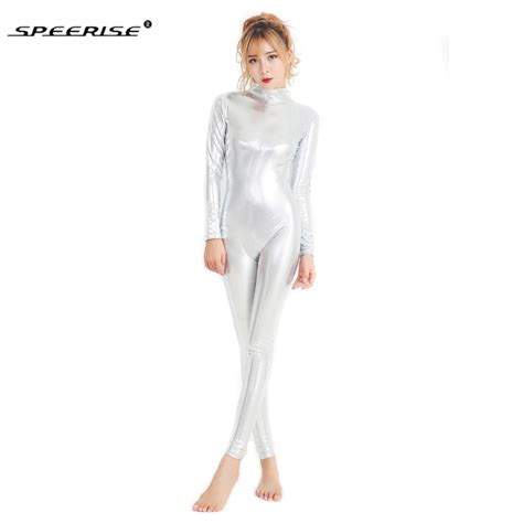 Speerise Women Silver Metallic Catsuits Long Sleeve Unitards Full Body