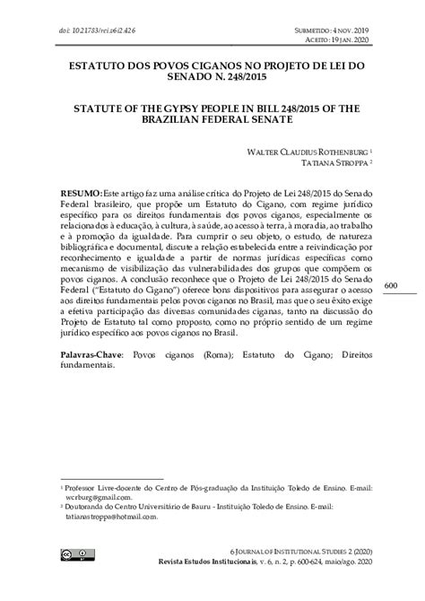 Pdf Estatuto Dos Povos Ciganos No Projeto De Lei Do Senado N 248