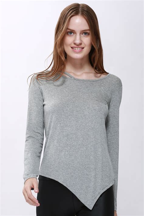 Off Slimming Scoop Neck Irregular Hem Long Sleeve Women S T Shirt