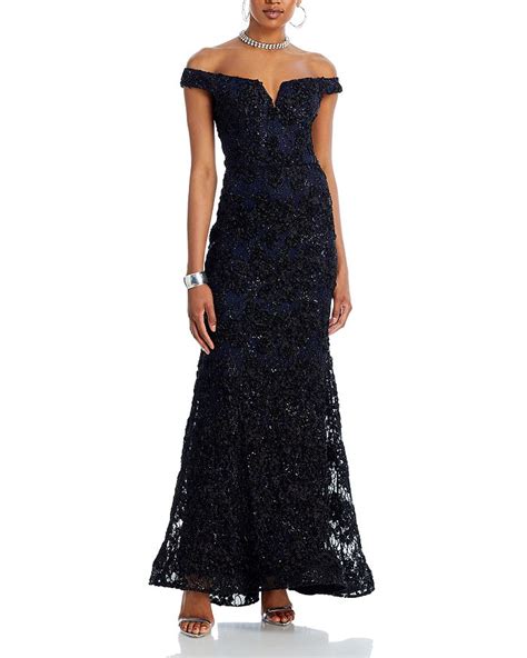 Aqua Off The Shoulder Embellished Lace Gown 100 Exclusive