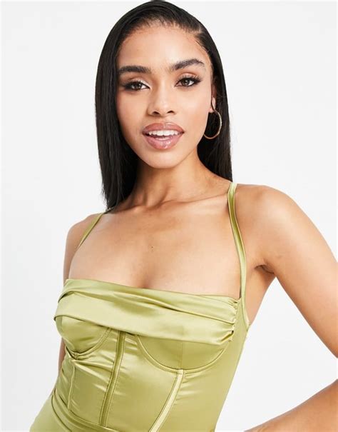 Asos Design Satin Cowl Bust Wired Corset Ruched Midi Dress In Olive Green