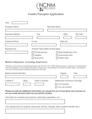 Fillable Online Studentservices Ncnm ComEx Preceptor Application