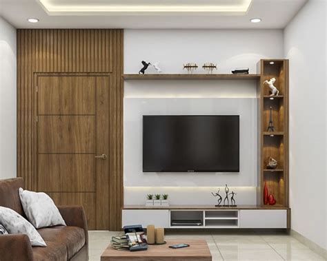 White And Wood Tv Unit Design With Long Open Wall Shelf Livspace Di