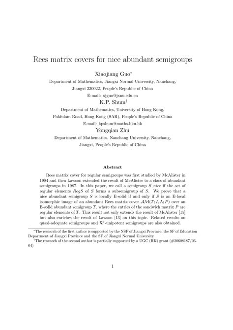 Pdf Rees Matrix Covers For Nice Abundant Semigroups