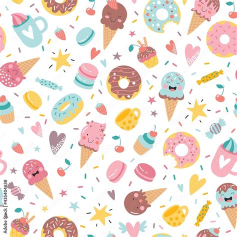 Grafika Wektorowa Stock Cute Hand Drawn Ice Cream Donuts Cupcakes