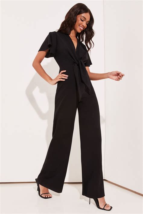 Buy Lipsy Black Flutter Sleeve V Neck Tie Front Wide Leg Jumpsuit From