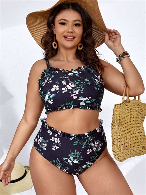 Plus Floral Print Frill Trim Bikini Swimsuit Shein Usa